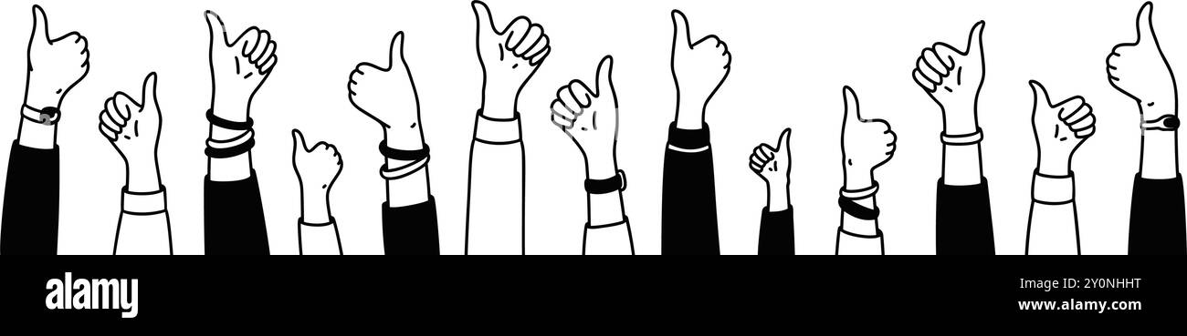 Simpatico scarabocchio che solleva le mani con lo sfondo con il pollice in alto. Folle di persone felici, clienti soddisfatti, clienti, pubblico aziendale. Concetto di celebrazione. Illustrazione Vettoriale