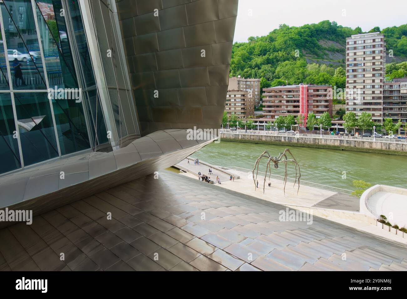 Scultura di ragno Maman alta 9 metri fuori dal Museo d'Arte Guggenheim vicino al fiume Nervion Bilbao Paesi Baschi Euskadi Spagna Europa Foto Stock