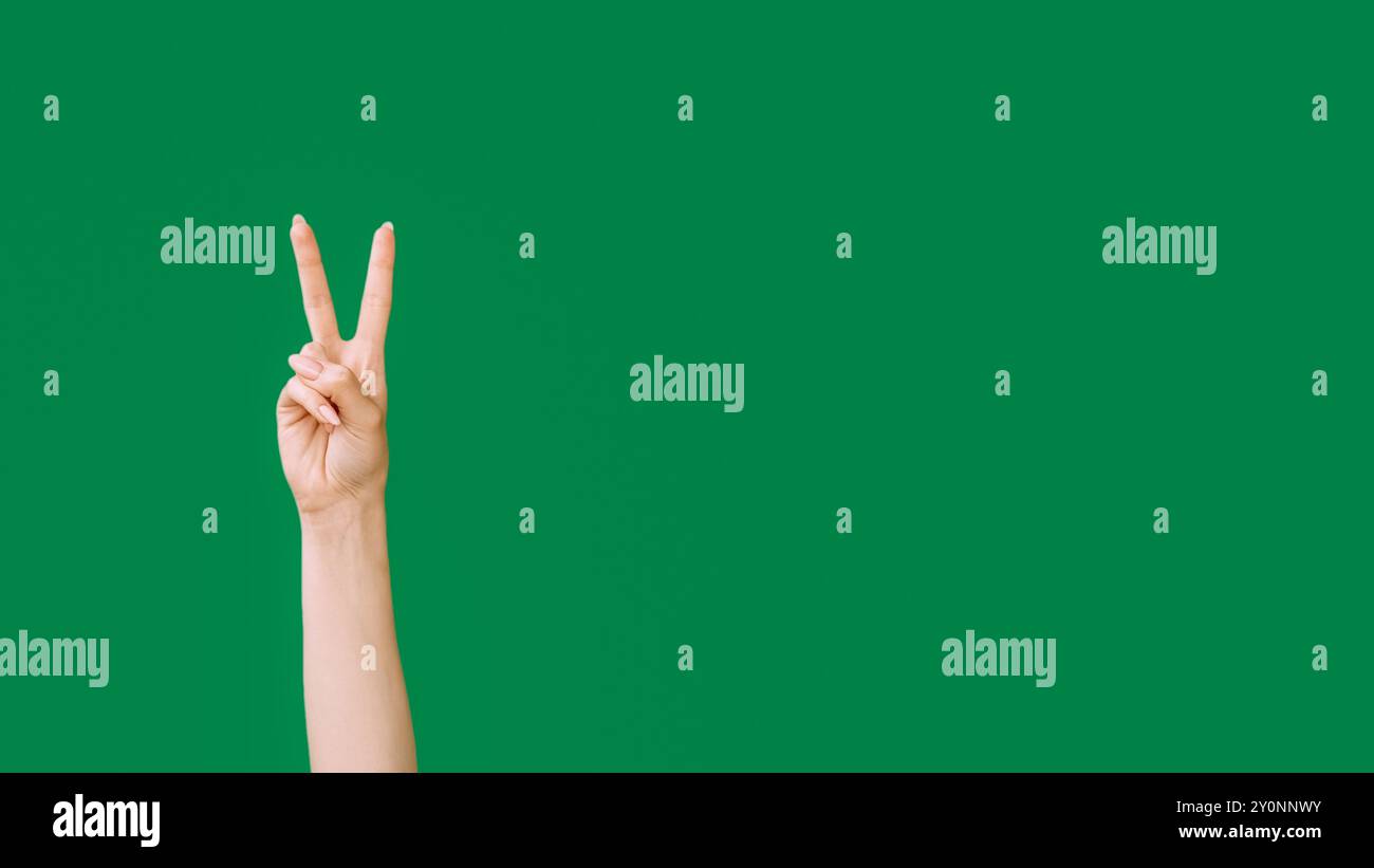 Gesto di pace. Segno V. Celebrazione della vittoria. Espressione positiva. Mano femminile che mostra due dita isolate su sfondo verde vuoto. Foto Stock