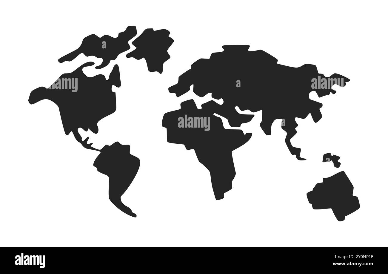 Mappa del mondo senza distorsioni oggetto linea 2D in bianco e nero Illustrazione Vettoriale