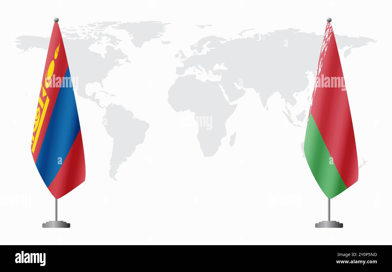 Bandiere della Mongolia e della Bielorussia per la riunione ufficiale sullo sfondo della mappa mondiale. Illustrazione Vettoriale