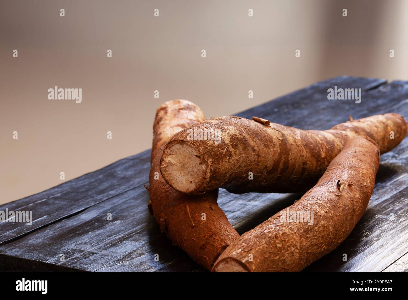 Tre radici di manioca con buccia su un tavolo scuro. Foto Stock