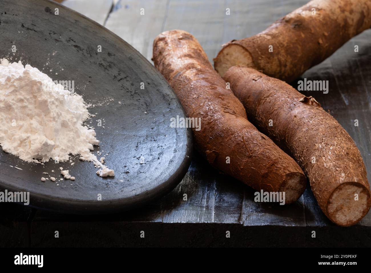 Amido di manioca all'interno di una piastra di argilla a sinistra dell'immagine e radici di manioca con buccia a destra dell'immagine. Foto Stock