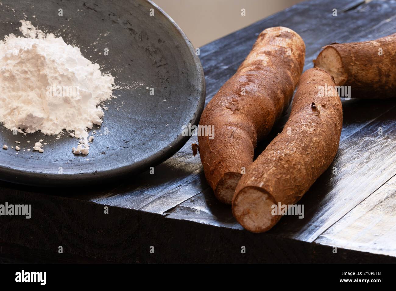 Amido di manioca all'interno di una piastra di argilla a sinistra dell'immagine e radici di manioca a destra dell'immagine. Foto Stock