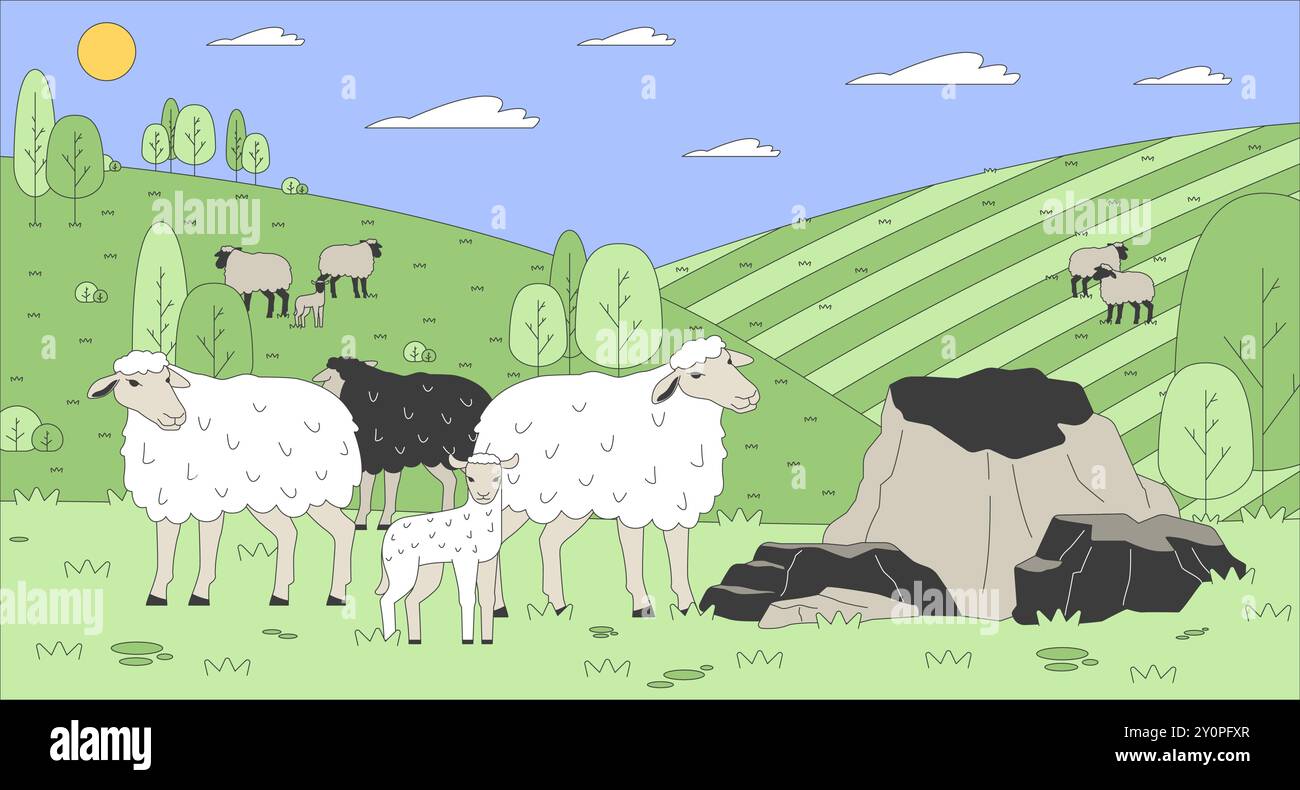 Mandria di pecore che pascolano sui pascoli collinari illustrazione piatta Illustrazione Vettoriale