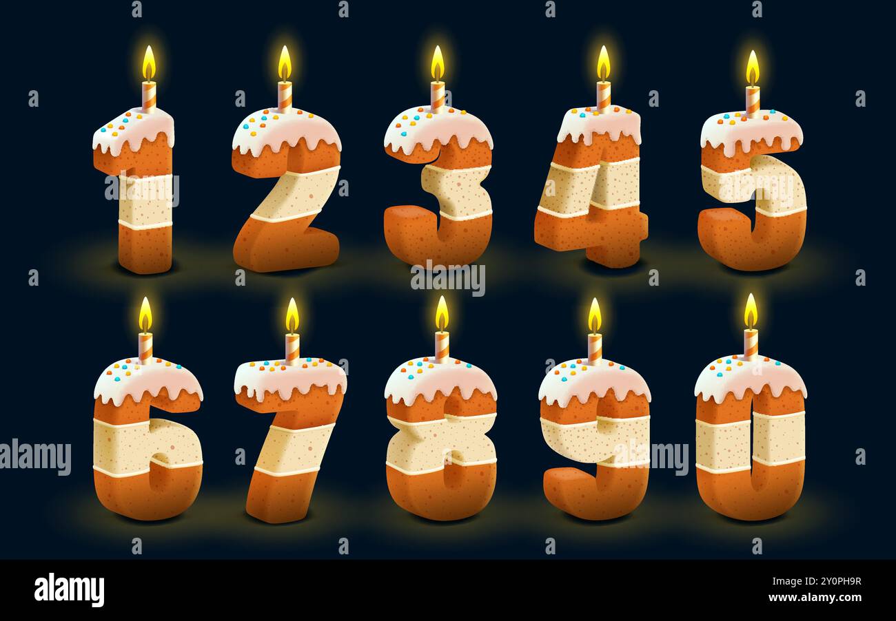 Buon compleanno, anniversario di compleanno della persona, candela con torta a forma di numero, set Collection. Vettore Illustrazione Vettoriale