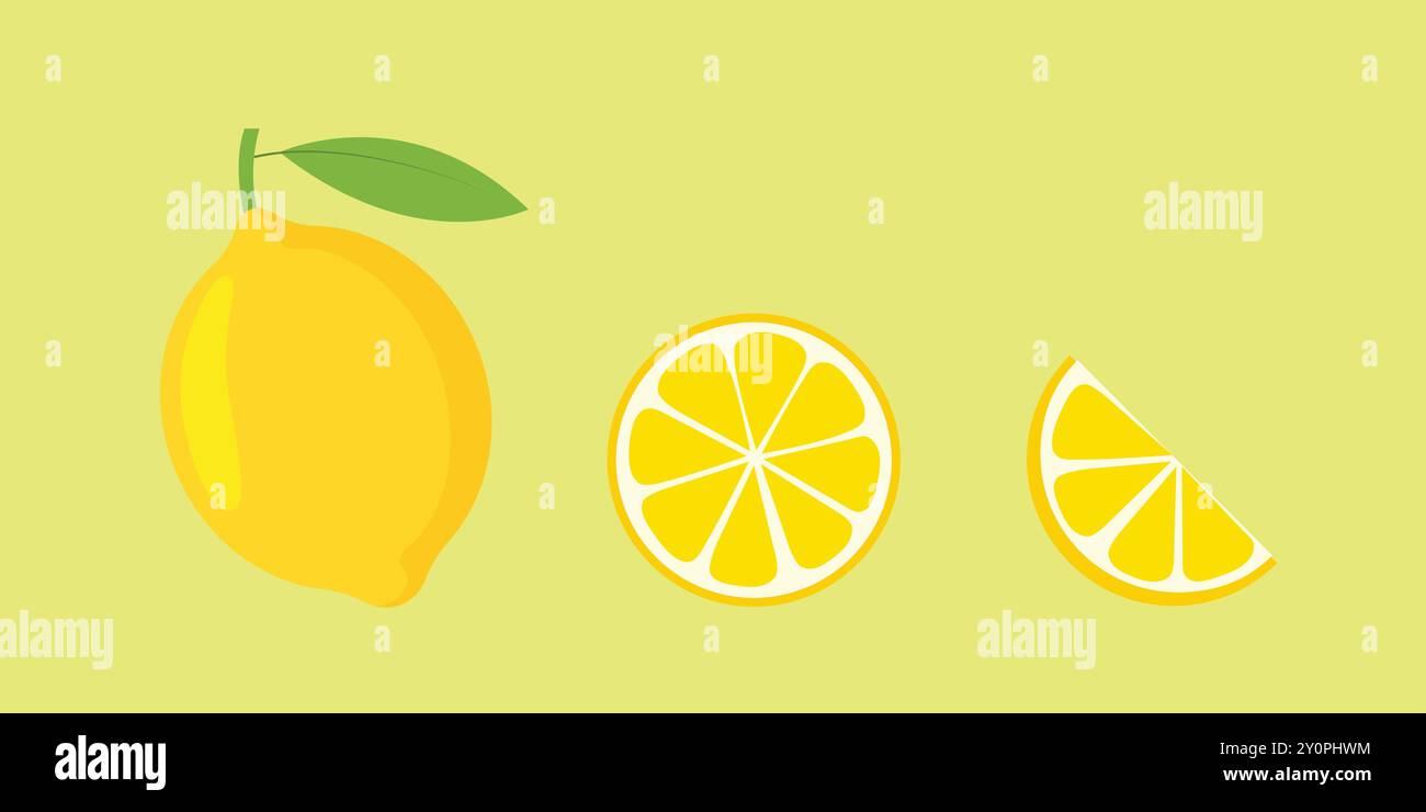 Set di icone di frutta fresca al limone. Vettore di frutti di limone giallo. Illustrazione Vettoriale