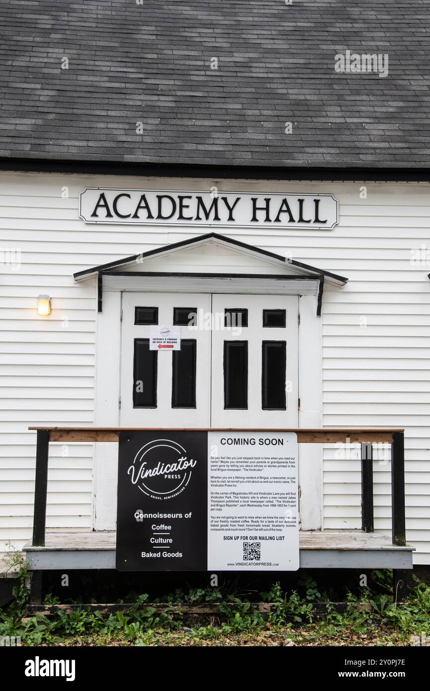 Insegna Academy Hall su South Street a Brigus, Newfoundland & Labrador, Canada Foto Stock