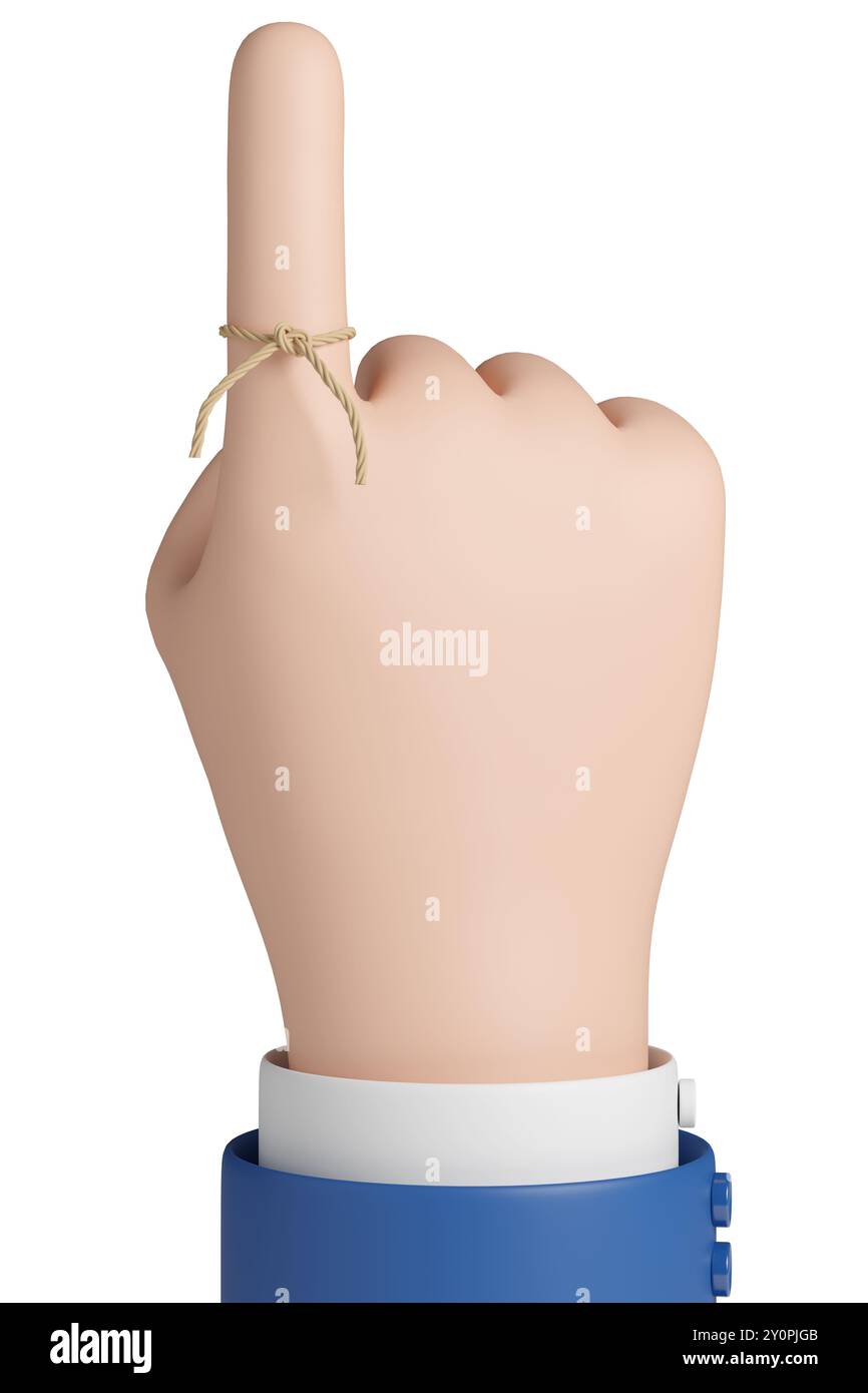 Mano del cartone animato con una corda legata intorno al dito indice. Concetto di promemoria. illustrazione 3d. Foto Stock
