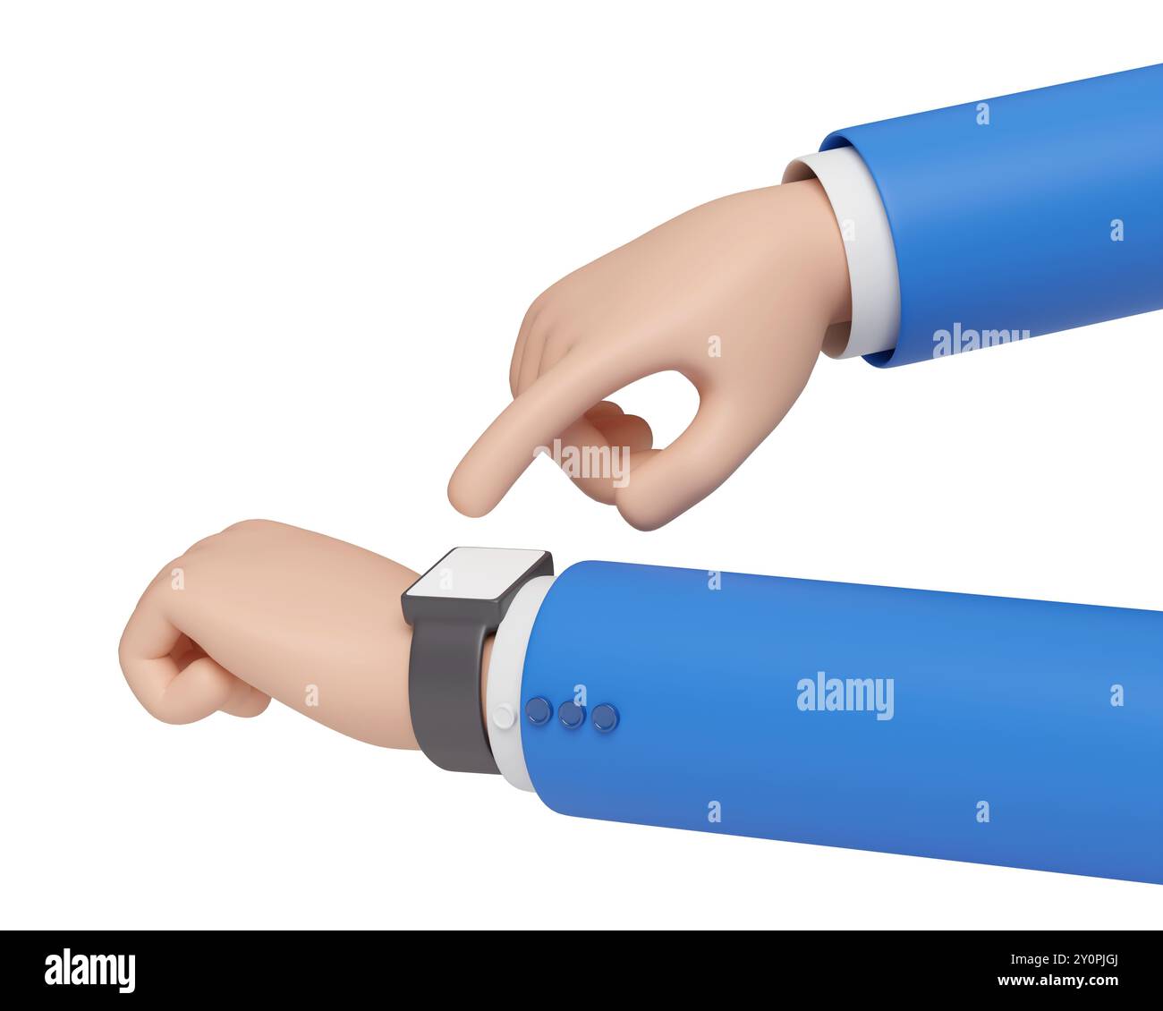 Mano del cartone animato che punta all'orologio da polso isolato su sfondo bianco. illustrazione 3d. Foto Stock