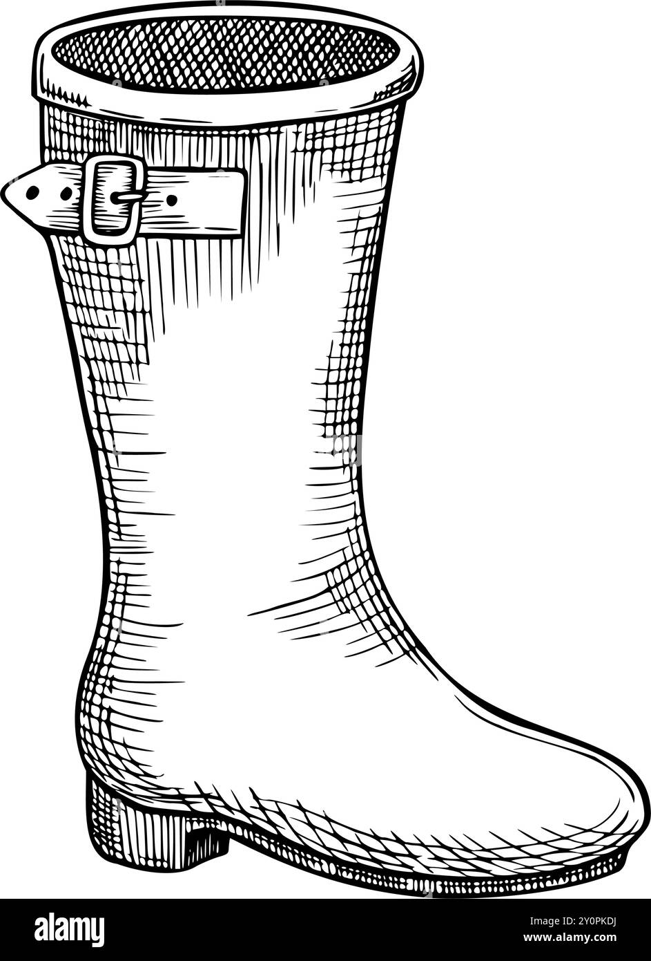 Illustrazione vettoriale del parapolvere in gomma antipioggia. Calzature da giardino disegnate a mano su sfondo isolato. Disegno nero lineare di giardinaggio bagnato. Schema di uno stivale rustico per la progettazione agricola. Illustrazione Vettoriale
