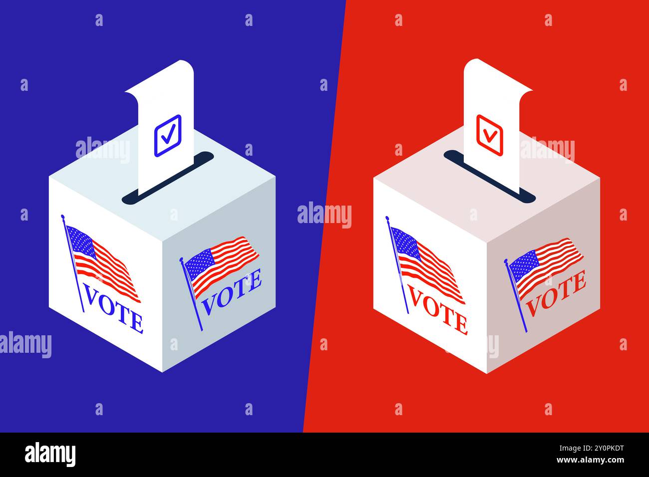 Caselle di bollatura isometrica con bollettini completati con segni di spunta. Il conteggio dei voti nelle elezioni presidenziali americane è un esempio di elezioni con noi Illustrazione Vettoriale