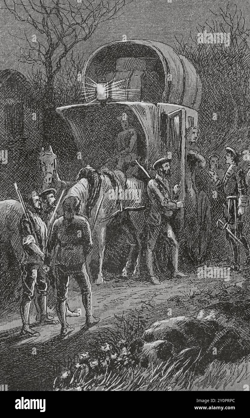 Giulio Alberoni (1664-1752). Diplomatico italiano, statista e cardinale della Chiesa cattolica. Nominato rappresentante ufficiale del duca di Parma nell'aprile 1713. Fu il principale consigliere del re Filippo V di Spagna. Il 5 dicembre 1719, Filippo V ordinò al suo segretario, Miguel Fernandez de Durán, marchese di Tolosa, di notificare ad Alberoni il decreto di dispensare i suoi servizi e di ordinare la sua partenza dalla Spagna entro un massimo di tre settimane. Arresto di Alberoni a Lérida (Catalogna). "Glorias Españolas" (Glorie di Spagna). Volume IV. Pubblicato a Barcellona, 1890. Foto Stock