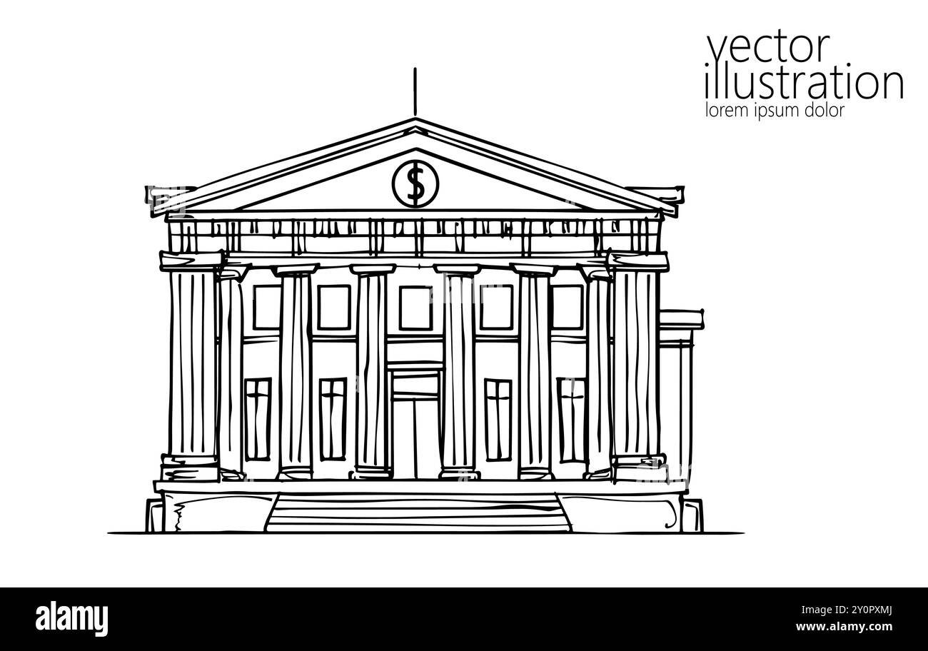 Edificio di una banca d'arte a linea continua. Il concetto di mercato del dollaro finanziario internazionale progetta uno schizzo disegna un'illustrazione vettoriale Illustrazione Vettoriale
