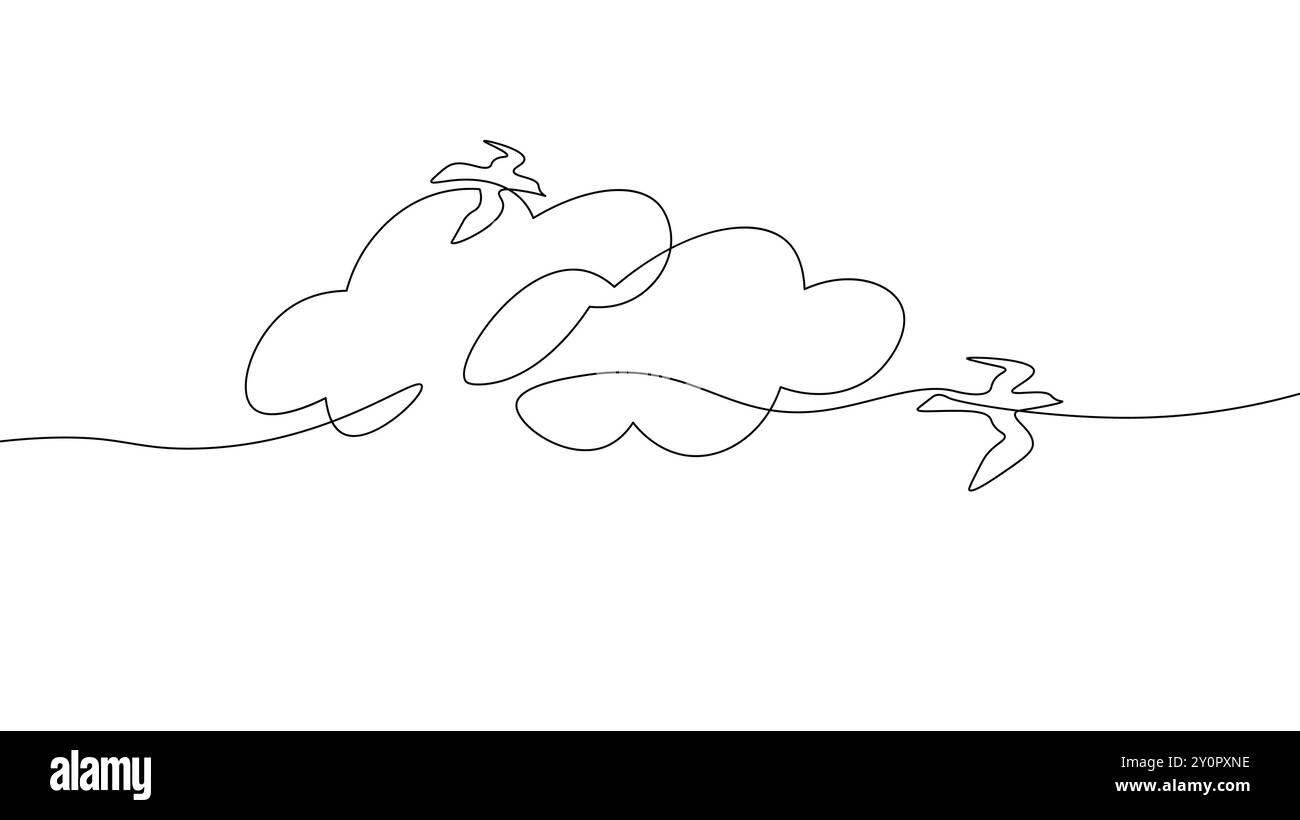 Un'opera d'arte continua su una linea, cielo nuvoloso e uccelli. Natura paesaggio tranquillo. Illustrazione vettoriale monocromatica dello schizzo disegnato a mano Illustrazione Vettoriale