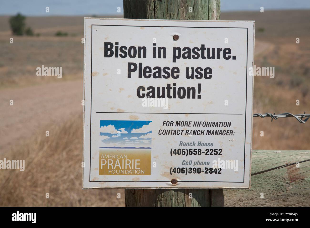 Cantare mostrando il cambiamento dell'uso del terreno: "Bison in Pasture. Prestare attenzione!" Cartello segnaletico presso la guardia del bestiame di American Prairie Reserve, Phillips County, MT. Foto Stock