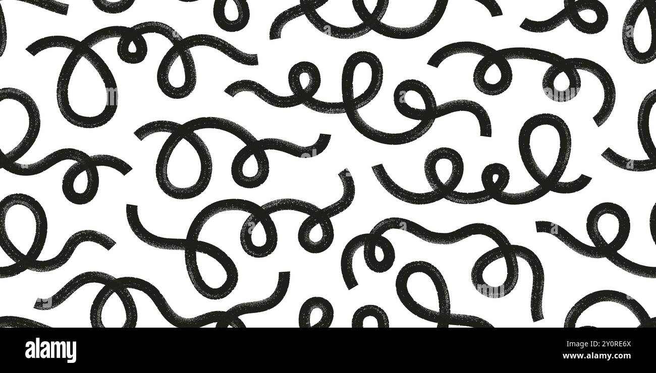 Grunge organico linee audaci, scoiattoli, spirali. La spazzolatura scura forma un motivo vettoriale senza cuciture. Il grunge ricci disegnato a mano ruota, scarabocchi. Illustrazione Vettoriale