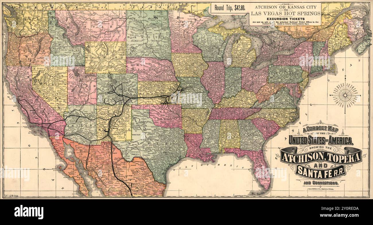 Mappa vintage degli Stati Uniti d'America, che mostra la Atchison Topeka and Sante Fe Railroad, Rand McNally, 1888 Foto Stock