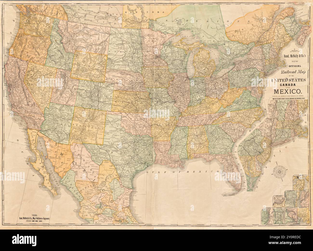 Vintage Railroad Map of the United States of America, Rand McNally, 1888 Foto Stock