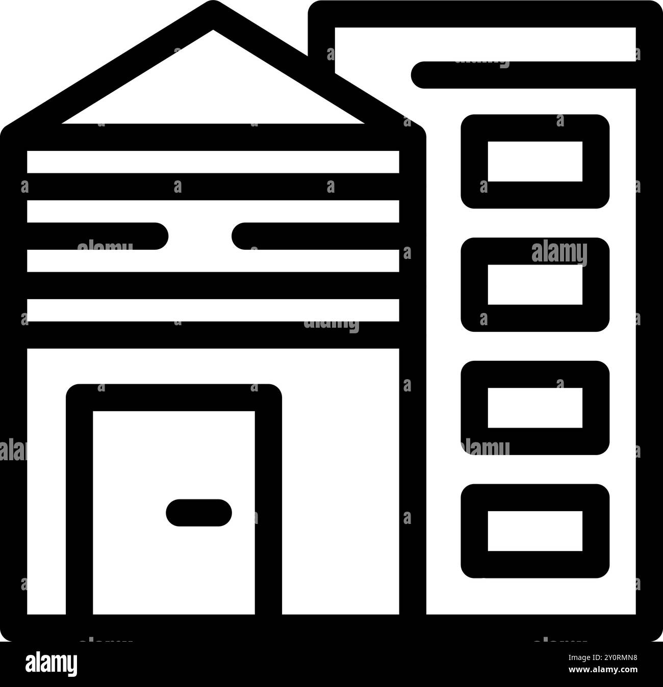 Semplice vettore che mostra un magazzino e un edificio per uffici a più piani, evocando lo sviluppo urbano e le aree industriali Illustrazione Vettoriale