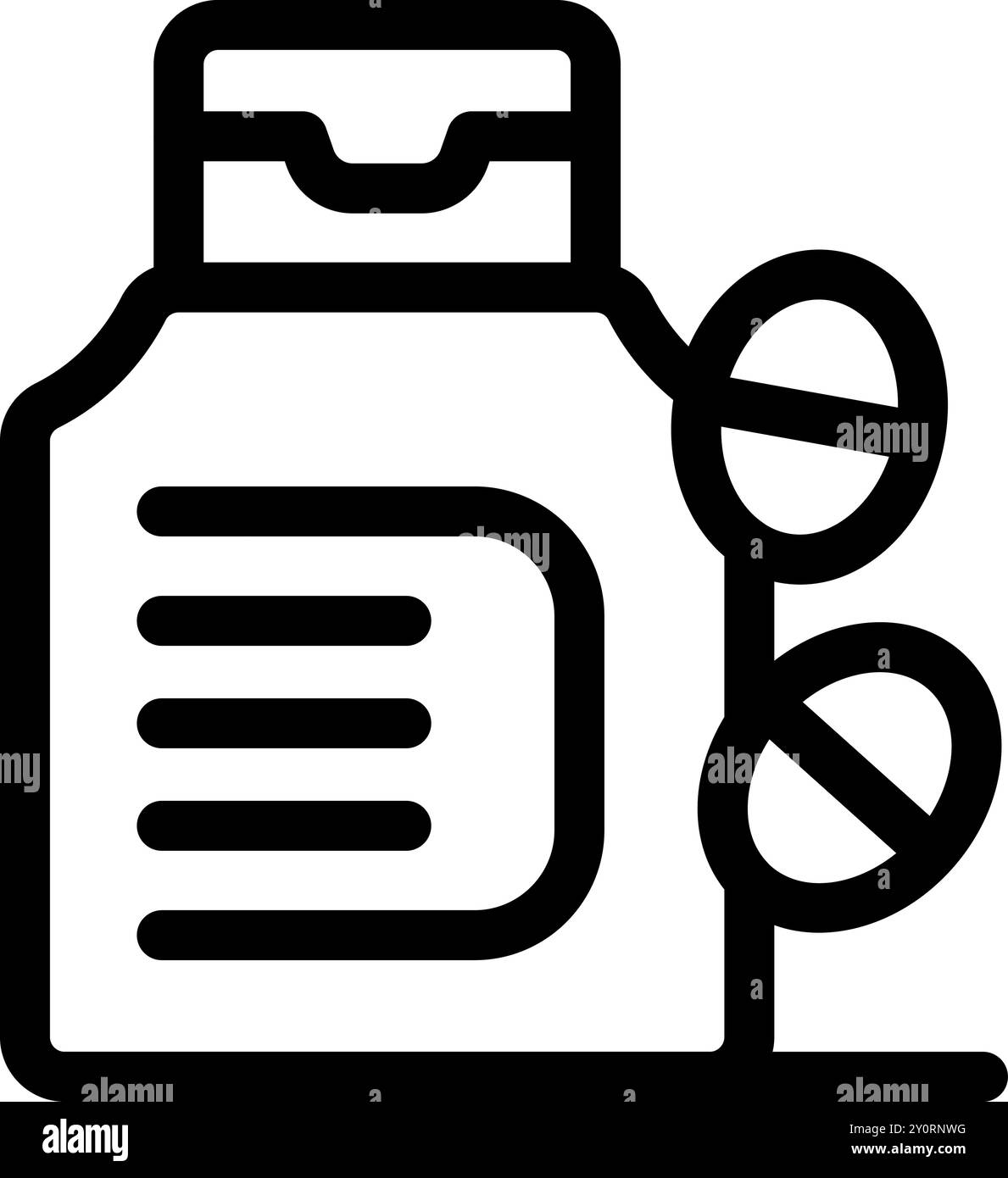 Vettore semplice che mostra un flacone di farmaco da prescrizione con un tappo aperto e due pillole in uscita Illustrazione Vettoriale