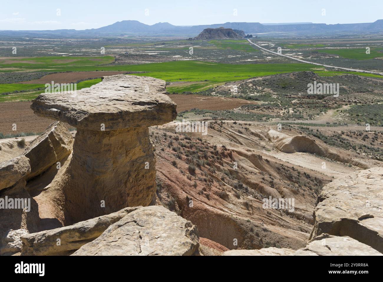 Vista da un'impressionante formazione rocciosa su un vasto paesaggio desertico con campi verdi, il Parco naturale Bardenas Reales, deserto, semi-deserto, Navarra, Foto Stock