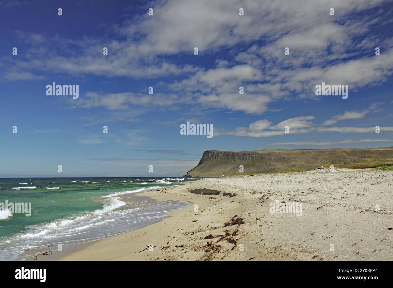 Una spiaggia soleggiata con acque blu profonde e onde, circondata da scogliere e cieli luminosi, Latrabjarg, penisola di Vestfirðir, Islanda, Europa Foto Stock