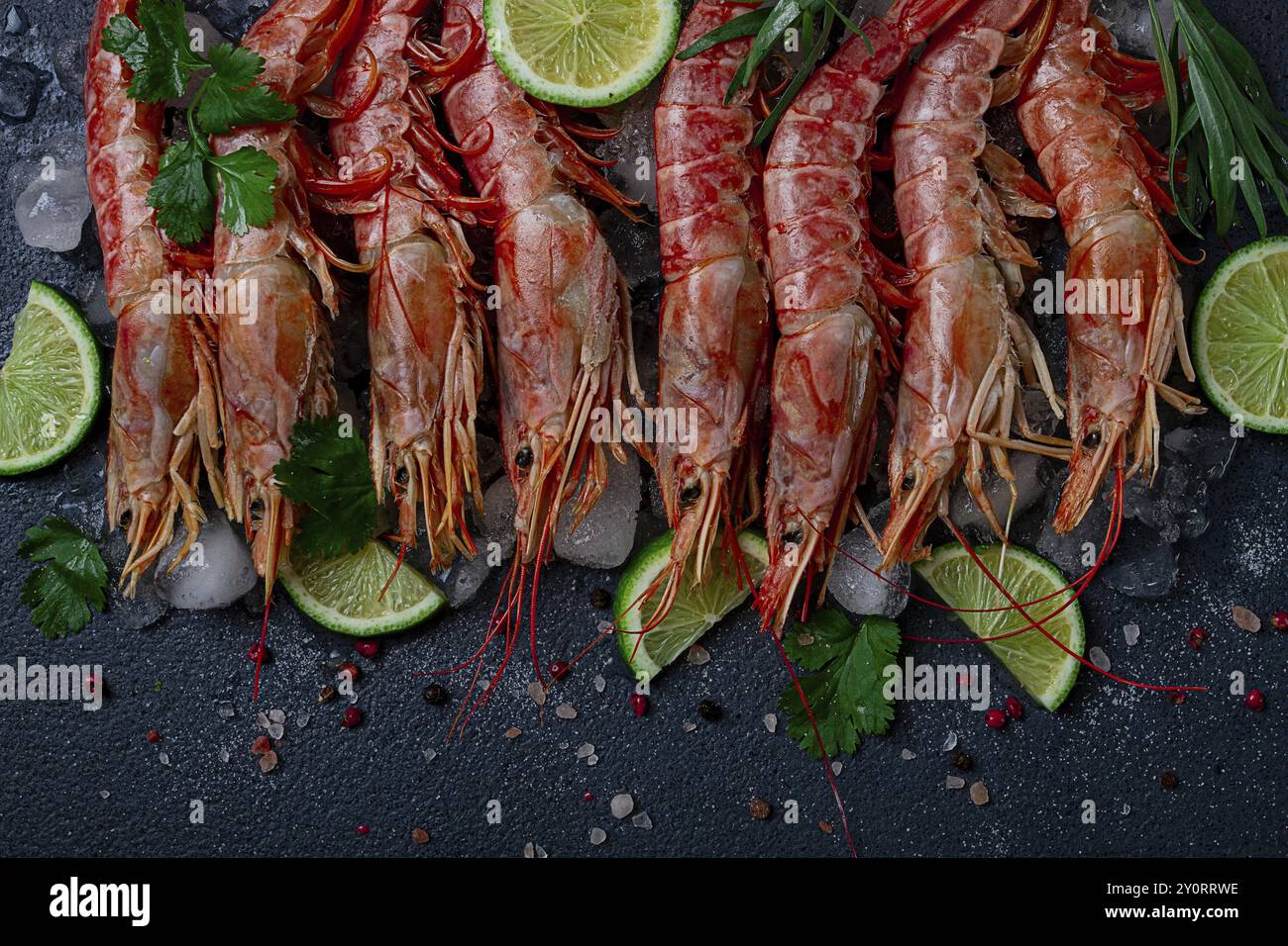 Langoustines, australiano, fresco ghiacciato sul ghiaccio, vista dall'alto, lime e verdi Foto Stock