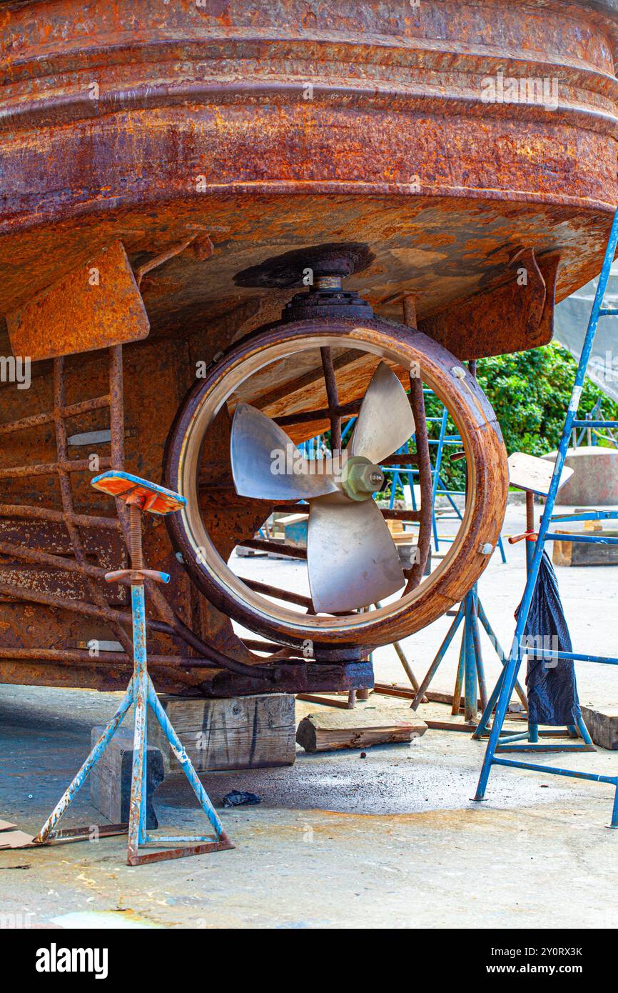 Elica protetta su una barca Sidewinder Boom a Steveston Harbour in Canada Foto Stock