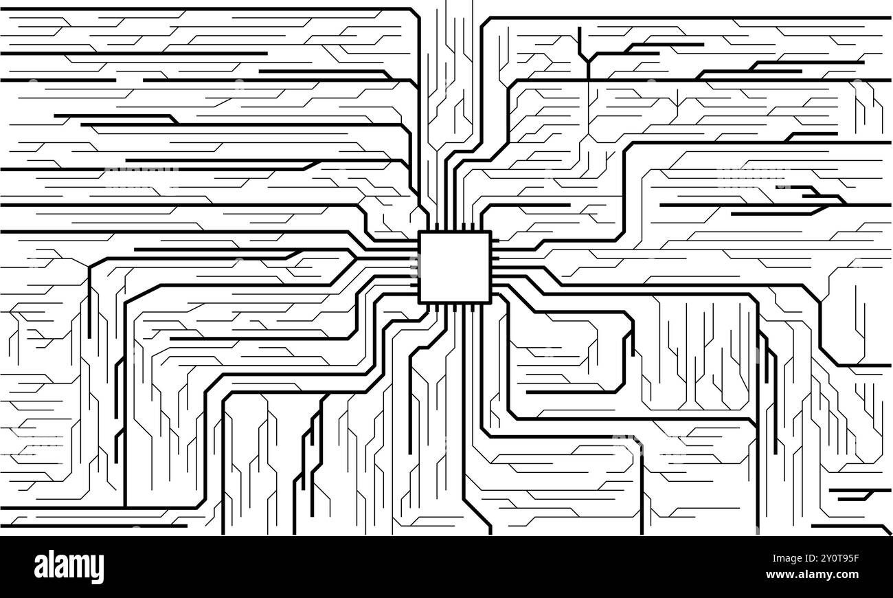 Sfondo chip con elementi di circuito sfondo monocromatico. Circuito stampato, semiconduttore IA e processore per computer Illustrazione Vettoriale