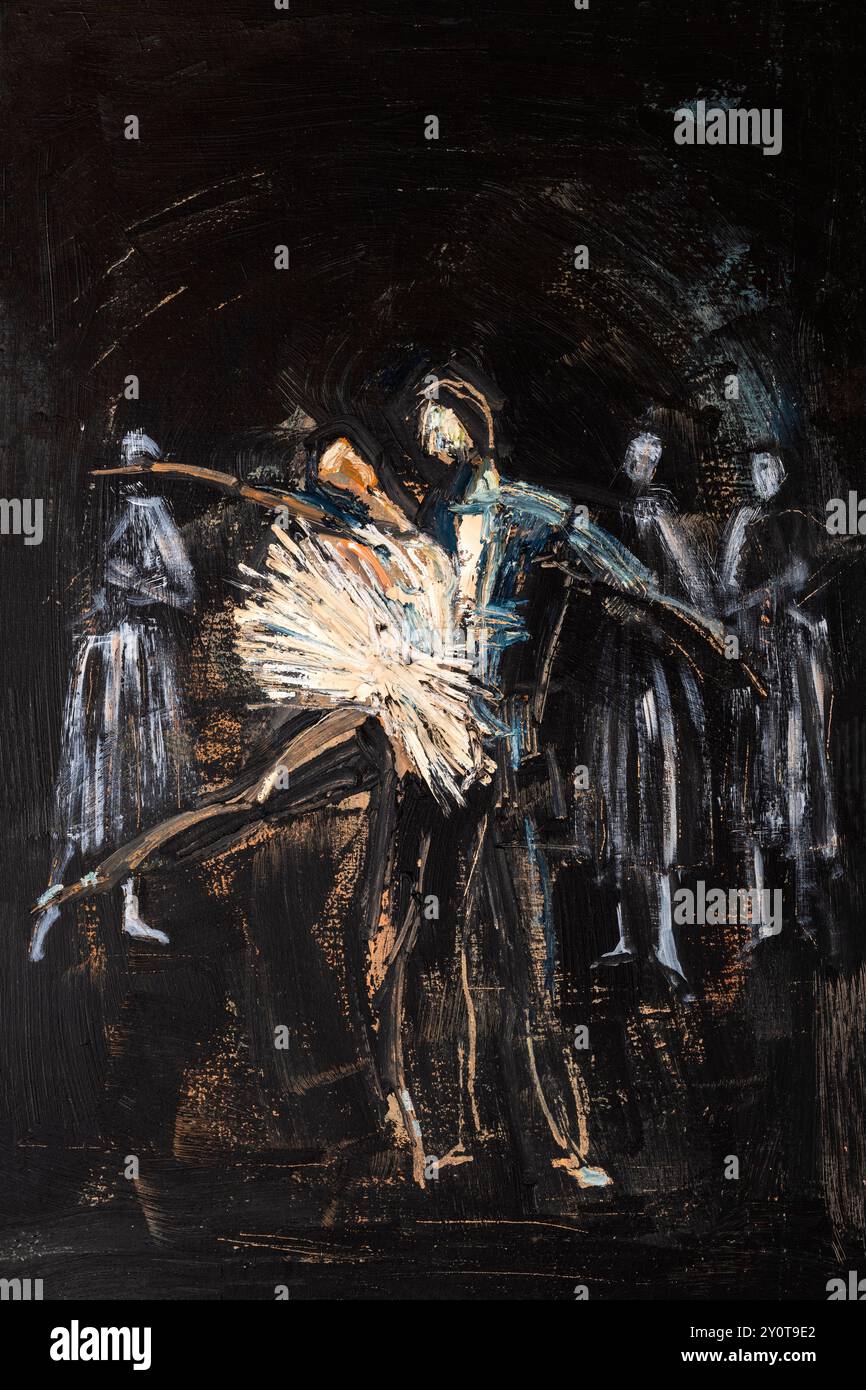 Un quadro astratto espressivo di ballerini in movimento, caratterizzato da pennellate audaci e uno sfondo scuro, ideale per la danza e la rappresentazione Foto Stock