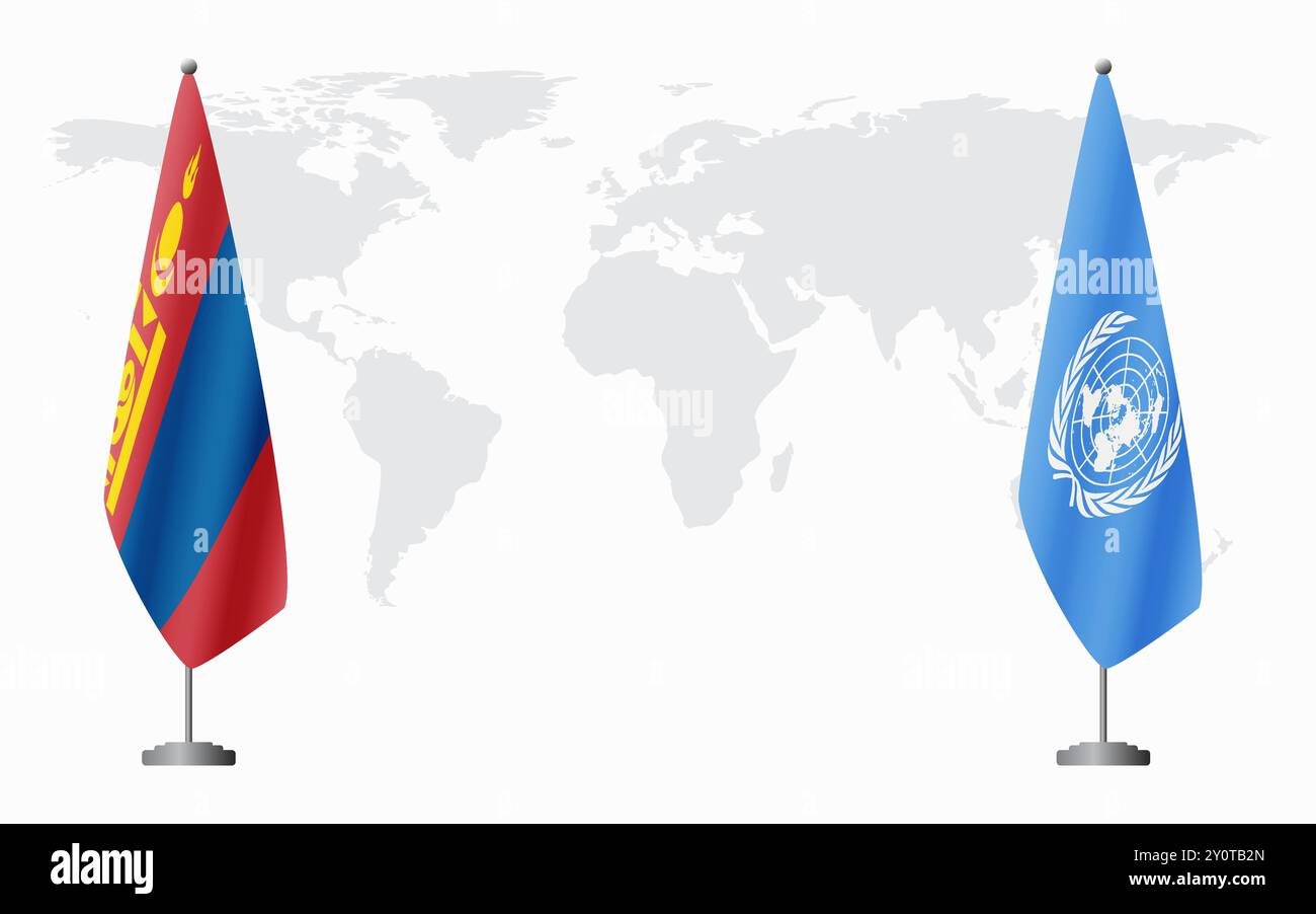 La Mongolia e le Nazioni Unite bandiere per l'incontro ufficiale sullo sfondo della mappa del mondo. Illustrazione Vettoriale