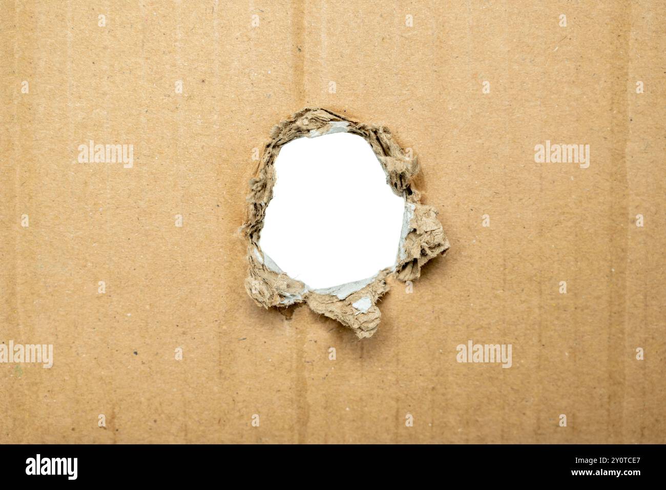 Un foro in una scatola di cartone. Il foro è grande e ha uno sfondo bianco Foto Stock