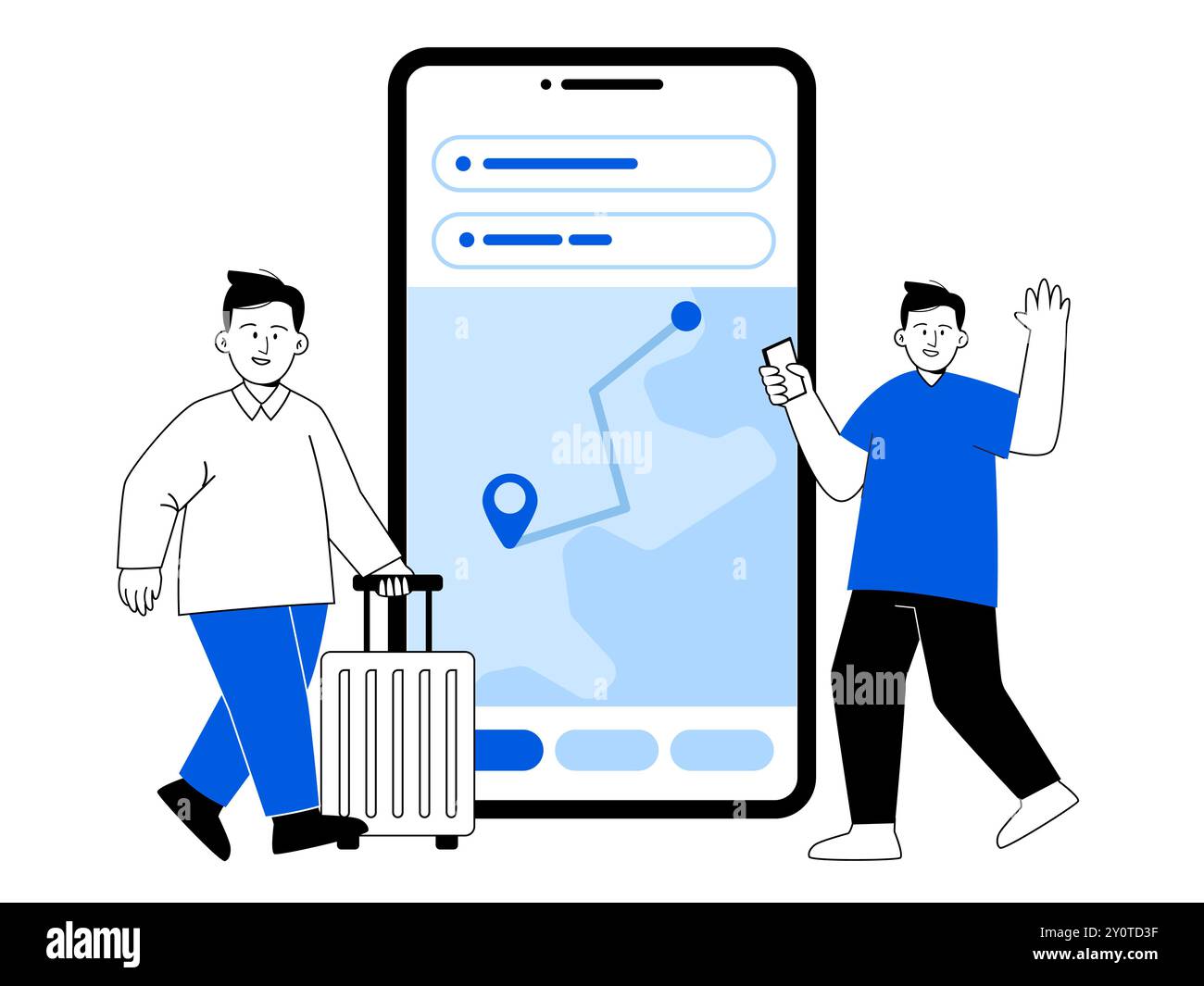 Mappa direzione percorso guida applicazione mobile navigazione amici uomo in viaggio ampio schermo smartphone illustrazione nero/bianco/blu Illustrazione Vettoriale
