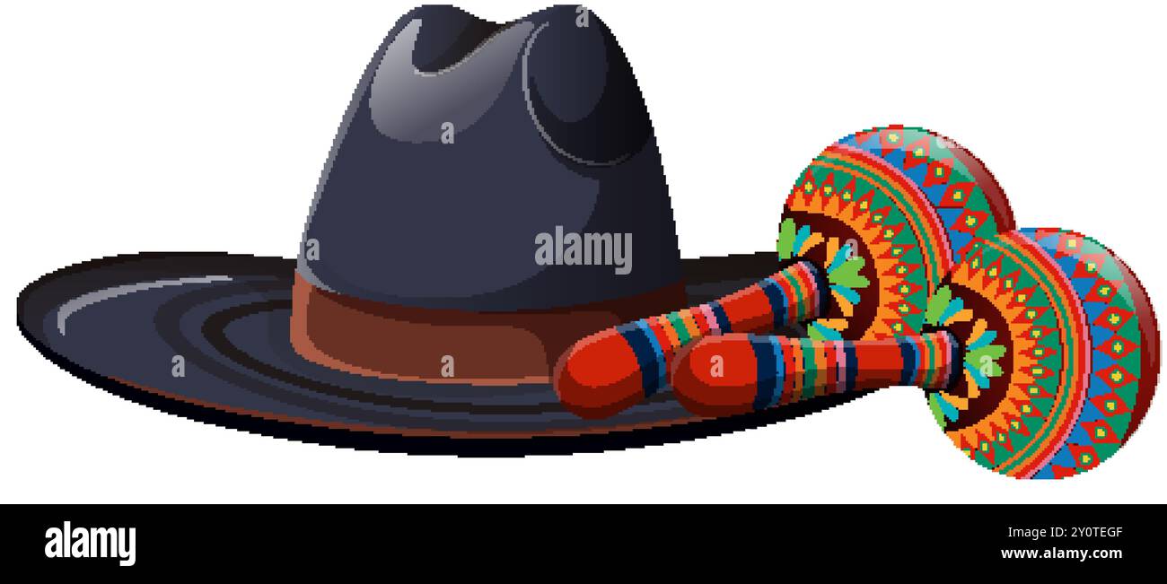 Maracas colorate e un sombrero nero Illustrazione Vettoriale