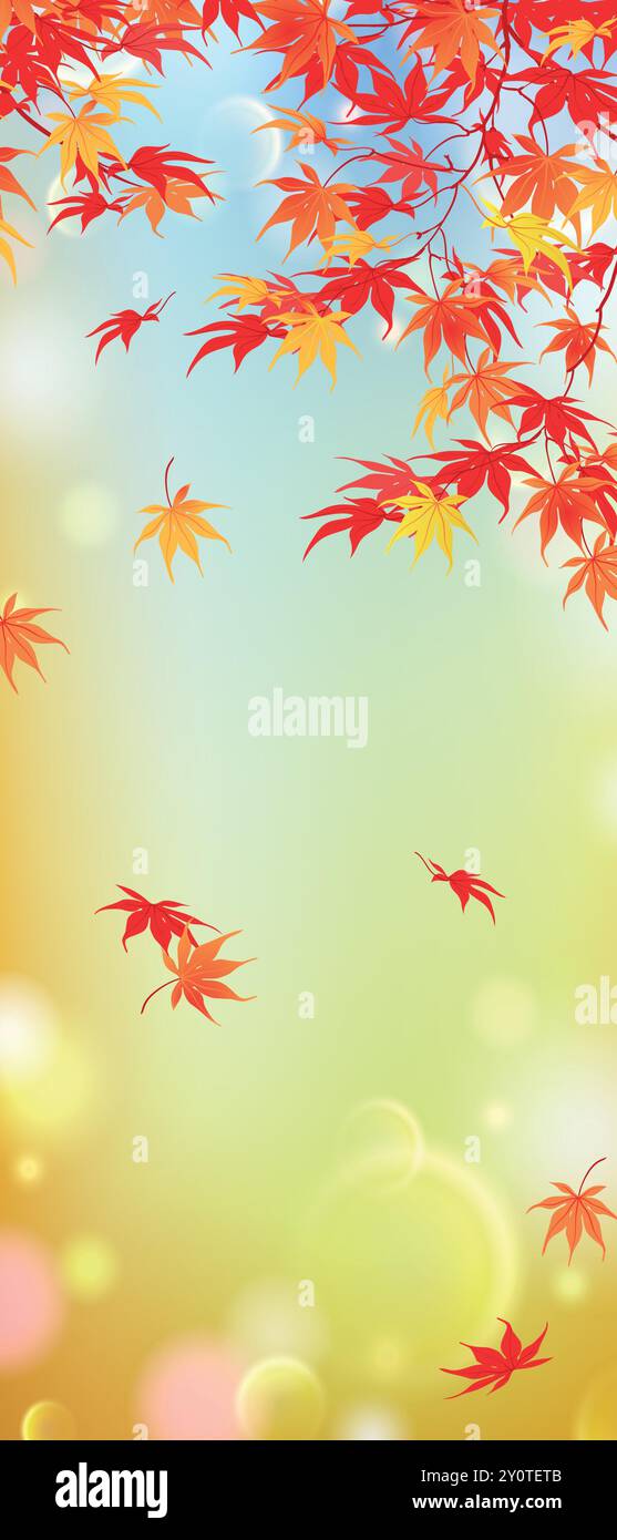 Rami con foglie rosse e arancioni in ottobre. Rami autunnali di acero giapponese su sfondo sfocato con effetto bokeh. Composizione verticale. VEC Illustrazione Vettoriale
