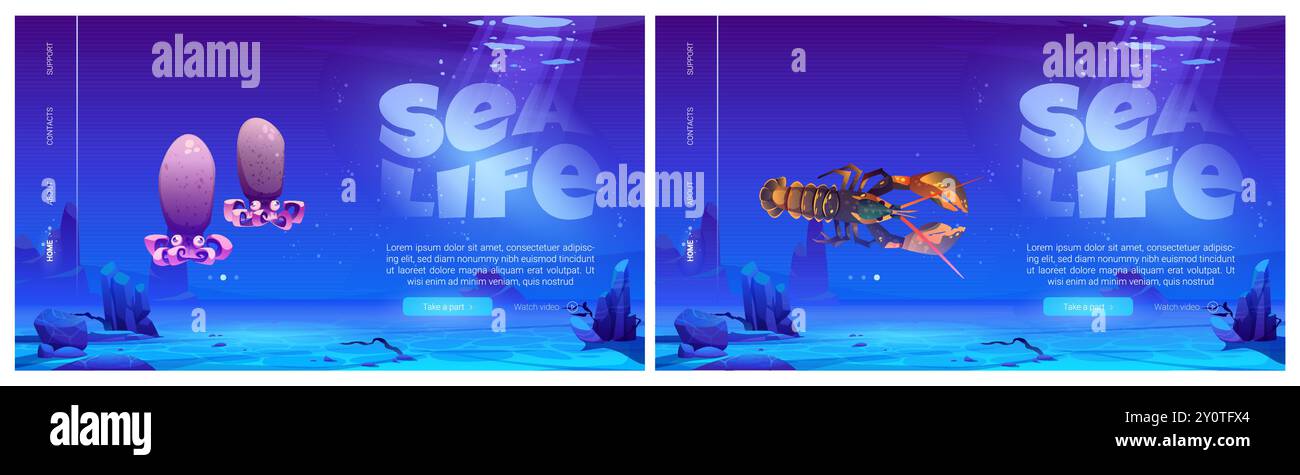 Banner Web o modello di landing page con paesaggio subacqueo infantile. Cartoon vettore marino con polpo e aragosta in mare o nell'oceano in profondità sotto il fondo d'acqua con sabbia e pietre, erbacce e bolle Illustrazione Vettoriale Banner Web o modello di landing page con paesaggio subacqueo infantile. Cartoon vettore marino con polpo e aragosta in mare o nell'oceano in profondità sotto il fondo d'acqua con sabbia e pietre, erbacce e bolle Illustrazione Vettoriale