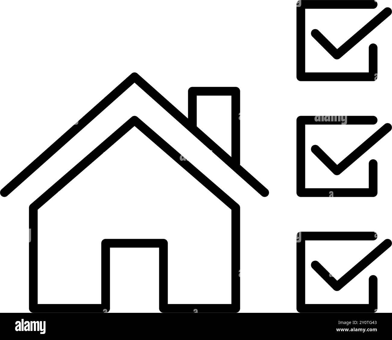 Casa con una lista di segni di spunta accanto. Ispezione o valutazione immobiliare. Icona del vettore pixel Perfect Illustrazione Vettoriale