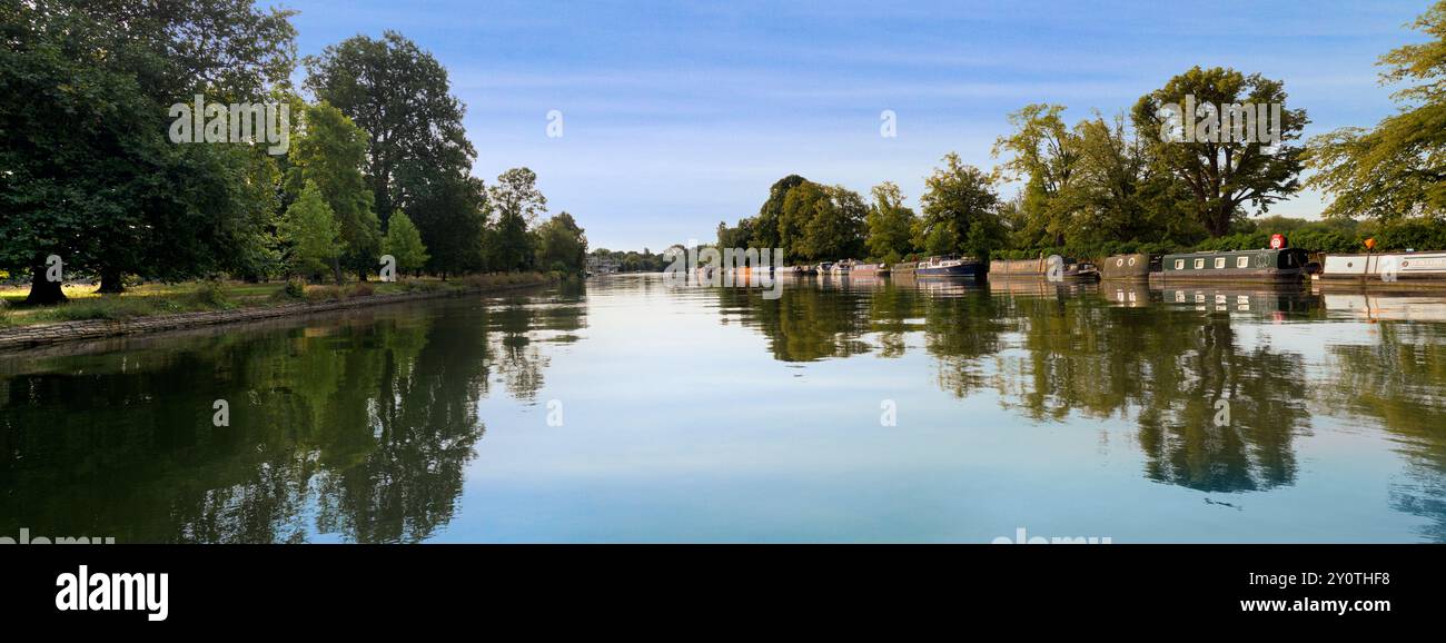 Vista panoramica del Tamigi a Oxford, nelle prime ore di una bella mattinata d'estate. Siamo in piedi su un galleggiante per la rifinitura del canottaggio in mezzo al fiume, con C. Foto Stock