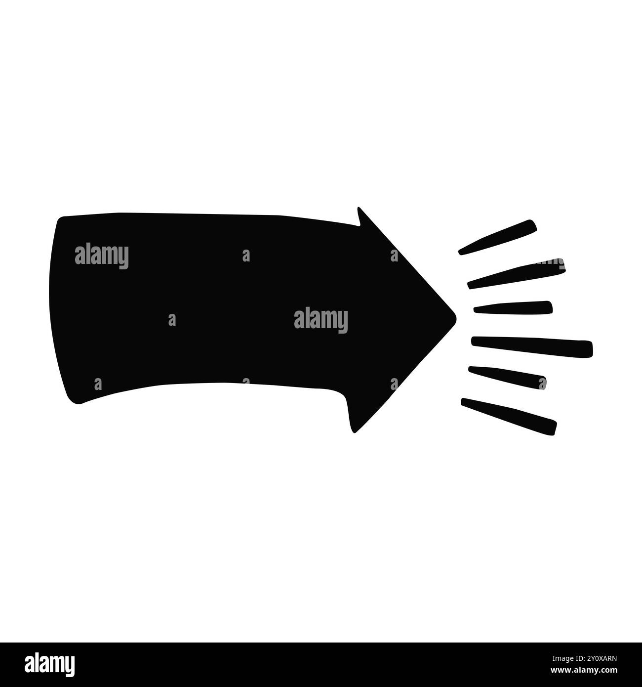 freccia nera rivolta verso destra con linee che irradiano dalla punta. La freccia è stilizzata con una forma curva e le linee radianti. Illustrazione Vettoriale