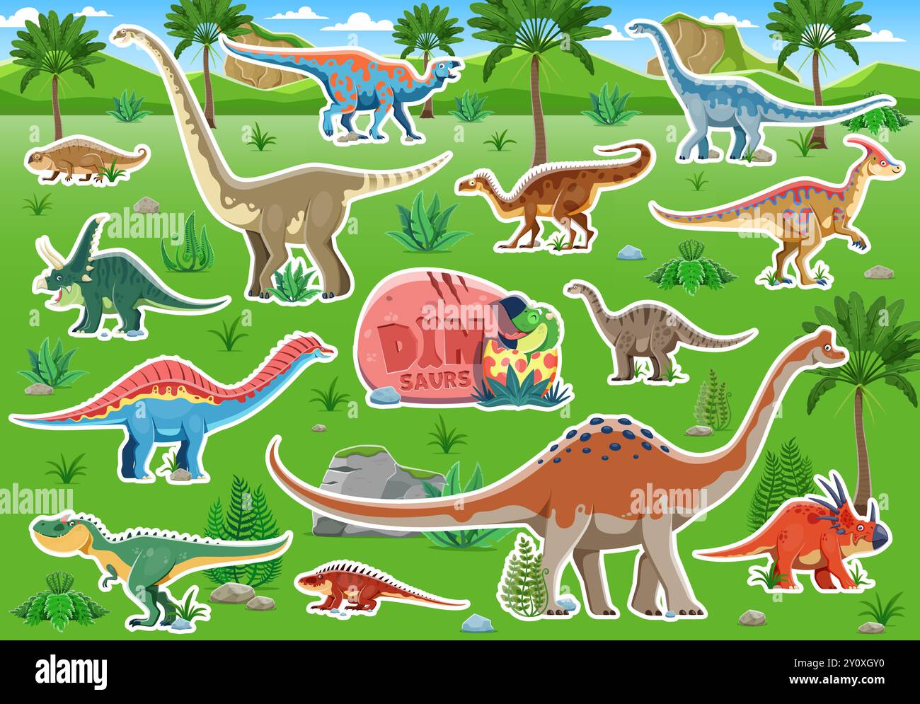 Adesivi per dinosauri, carini dino animato su sfondo vettoriale della natura giurassica. Divertenti dinosauri preistorici e baby Dino nell'uovo. Adesivi Allosaurus, styracosaurus e iguanodon Illustrazione Vettoriale