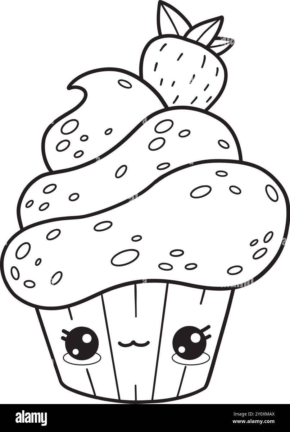 Delizioso cupcake con fragole. Delinea la dolce torta dei personaggi dei cartoni animati kawaii. Disegno al tratto, libro da colorare. Illustrazione vettoriale. Collezione bambini Illustrazione Vettoriale