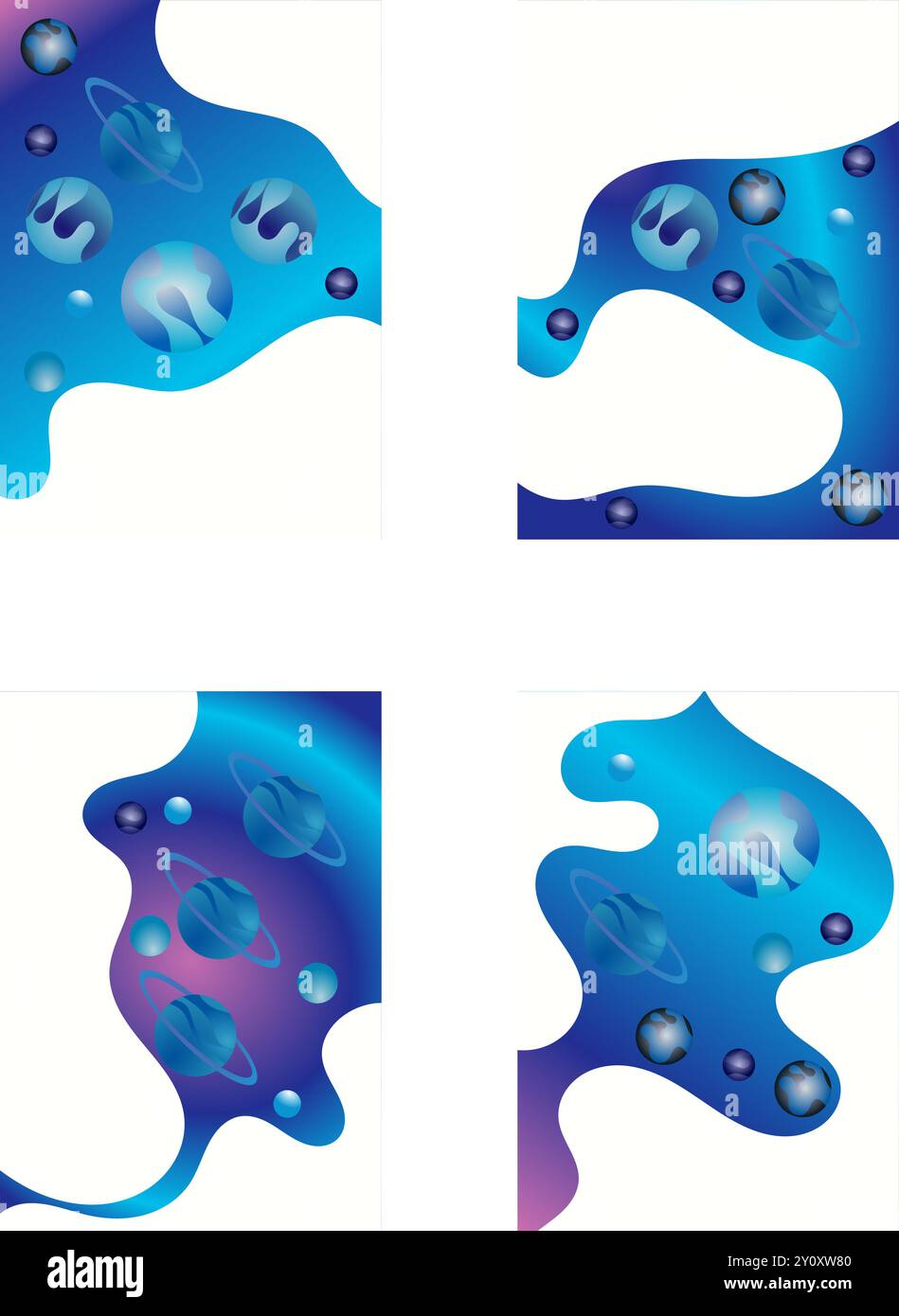 Questa immagine grafica astratta presenta quattro forme organiche interconnesse in sfumature di blu viola e bianco Illustrazione Vettoriale