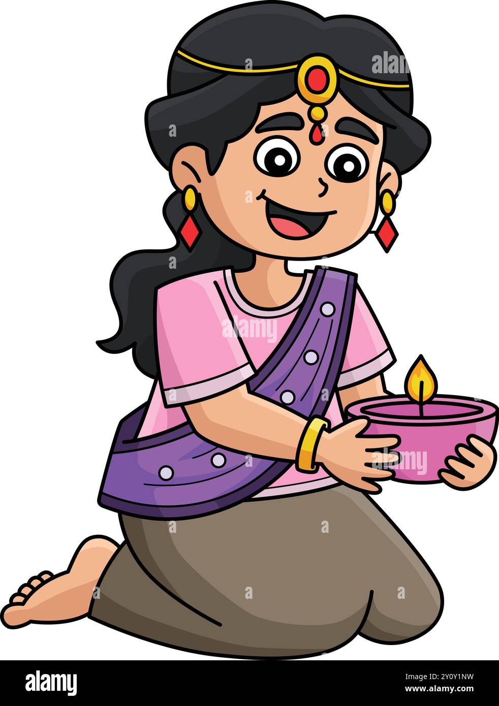 Diwali Girl che tiene Diyas Cartoon Colored Clipart Illustrazione Vettoriale