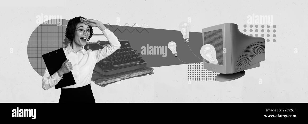 Grafica di tendenza collage di foto di schizzi compositi di computer retro signora intelligente idea lampada decisione genio macchina da scrivere tecnologia progresso Foto Stock