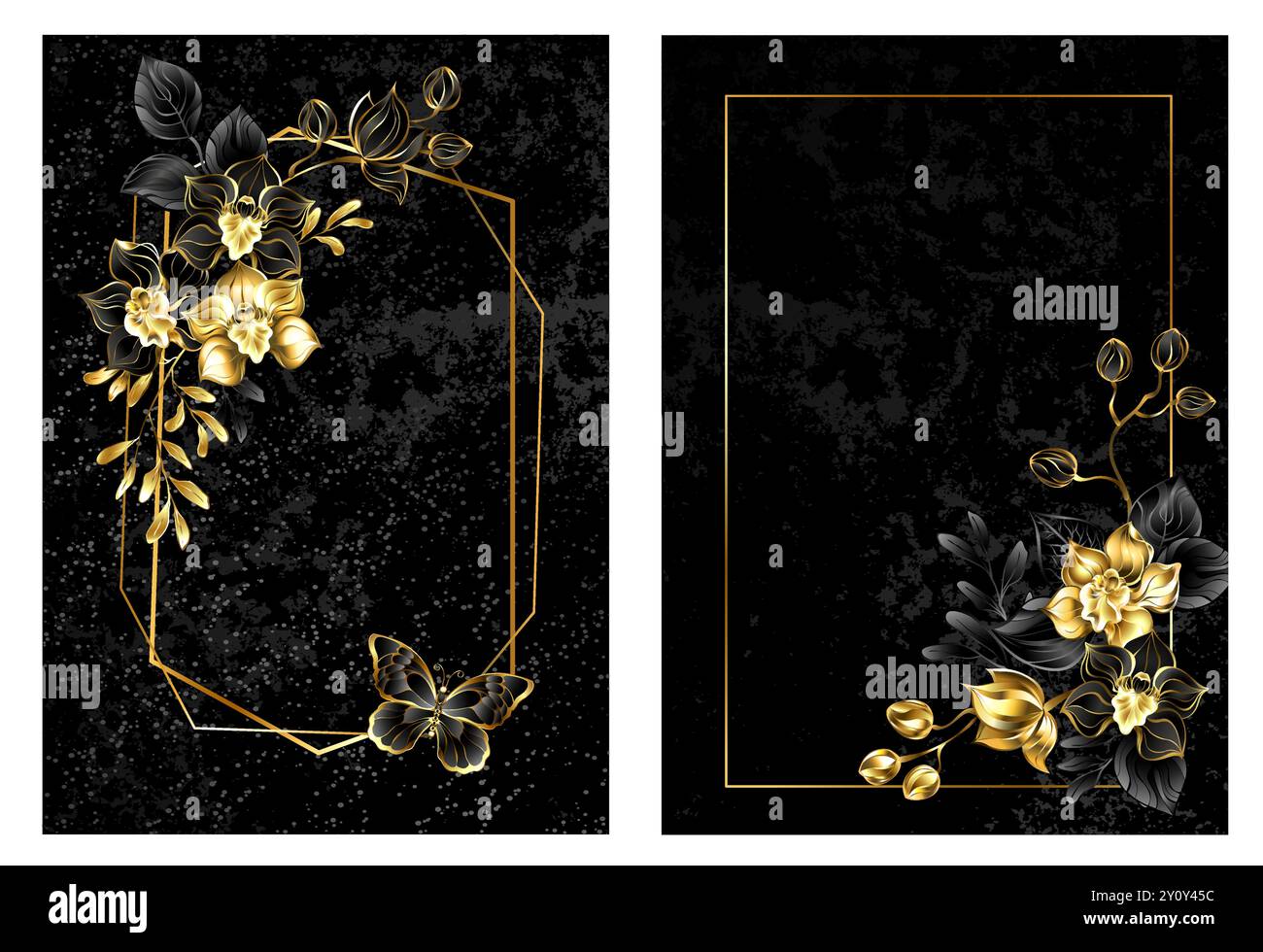 Cover floreale, montatura con motivo a linea oro decorata con splendide orchidee dorate e nere con rametti di pistacchio nero e oro su te nera Illustrazione Vettoriale