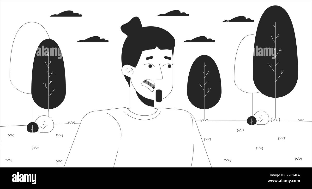 Uomo spaventato nell'illustrazione in linea bianca e nera del parco estivo Illustrazione Vettoriale