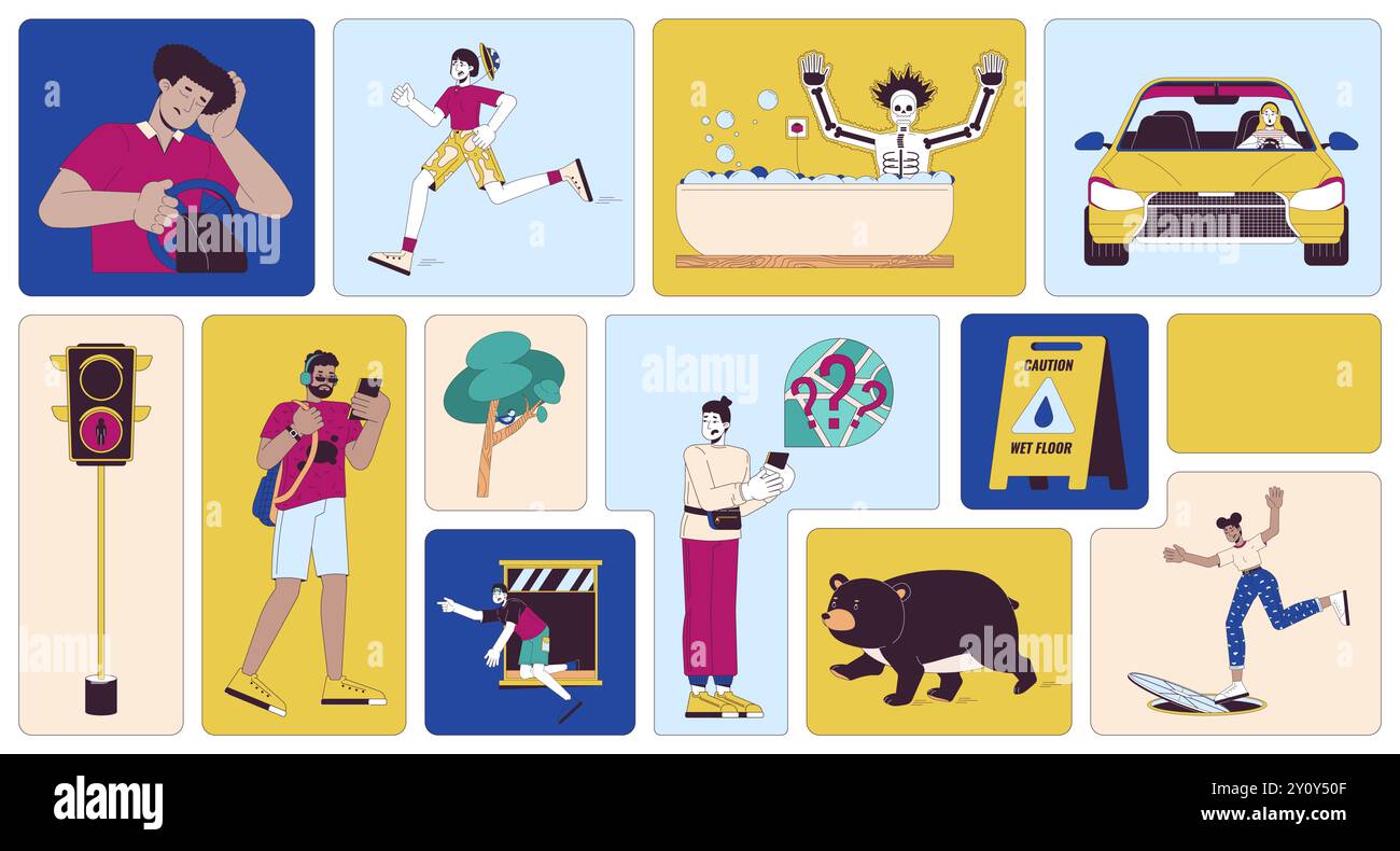 Serie di illustrazioni a griglia bento per situazioni quotidiane pericolose Illustrazione Vettoriale