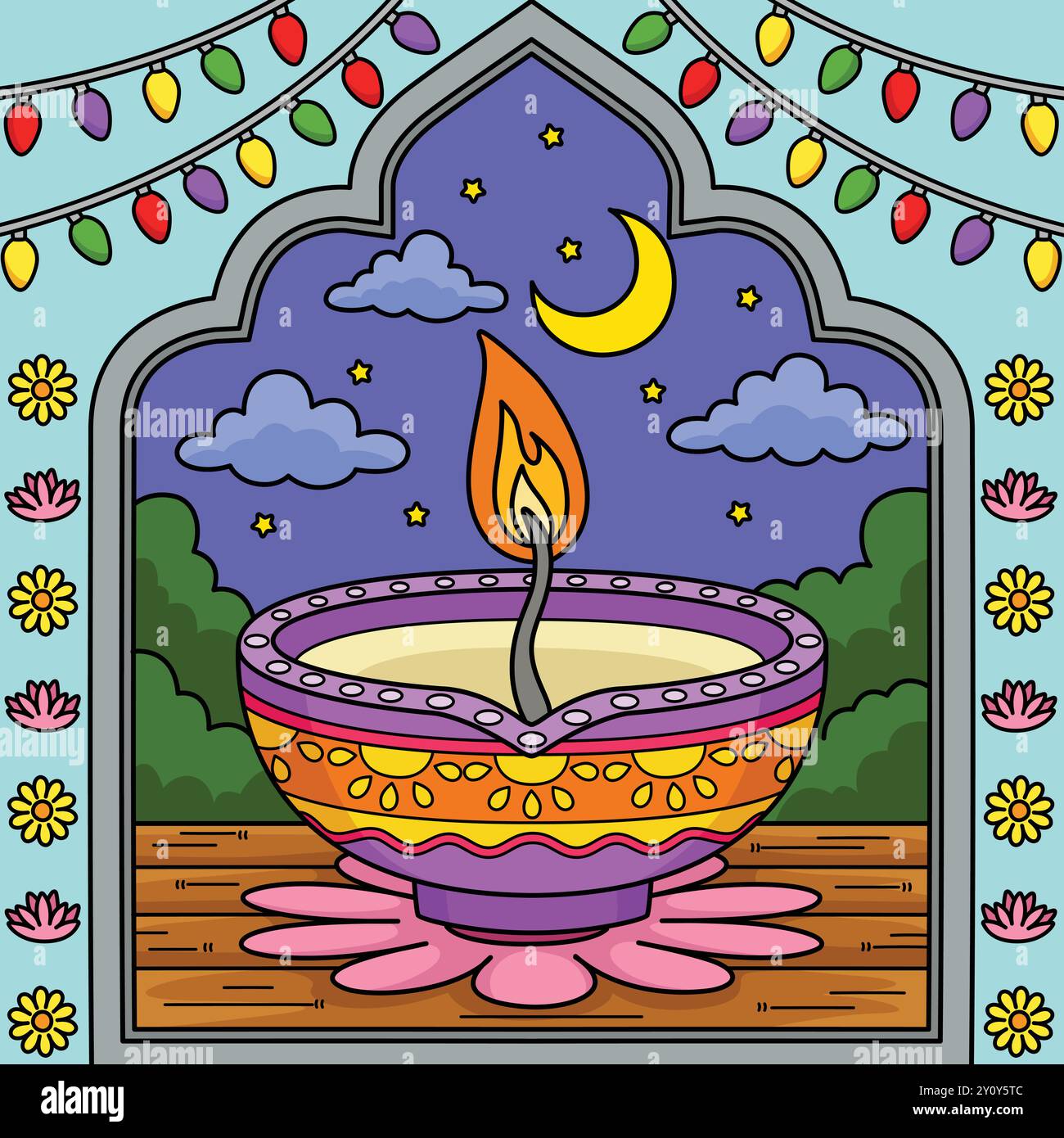 Illustrazione dei fumetti colorati Diwali Diyas Illustrazione Vettoriale