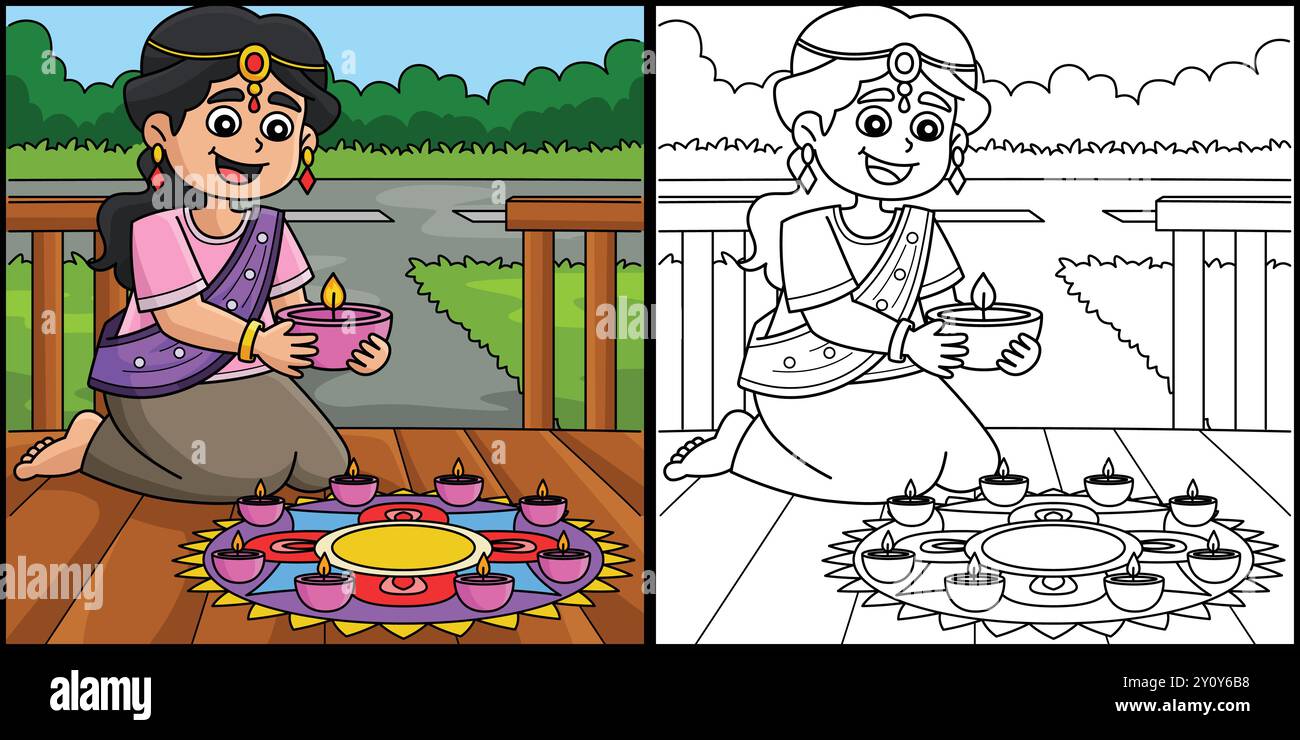 Diwali Girl che regge un'illustrazione da colorare Diyas Illustrazione Vettoriale
